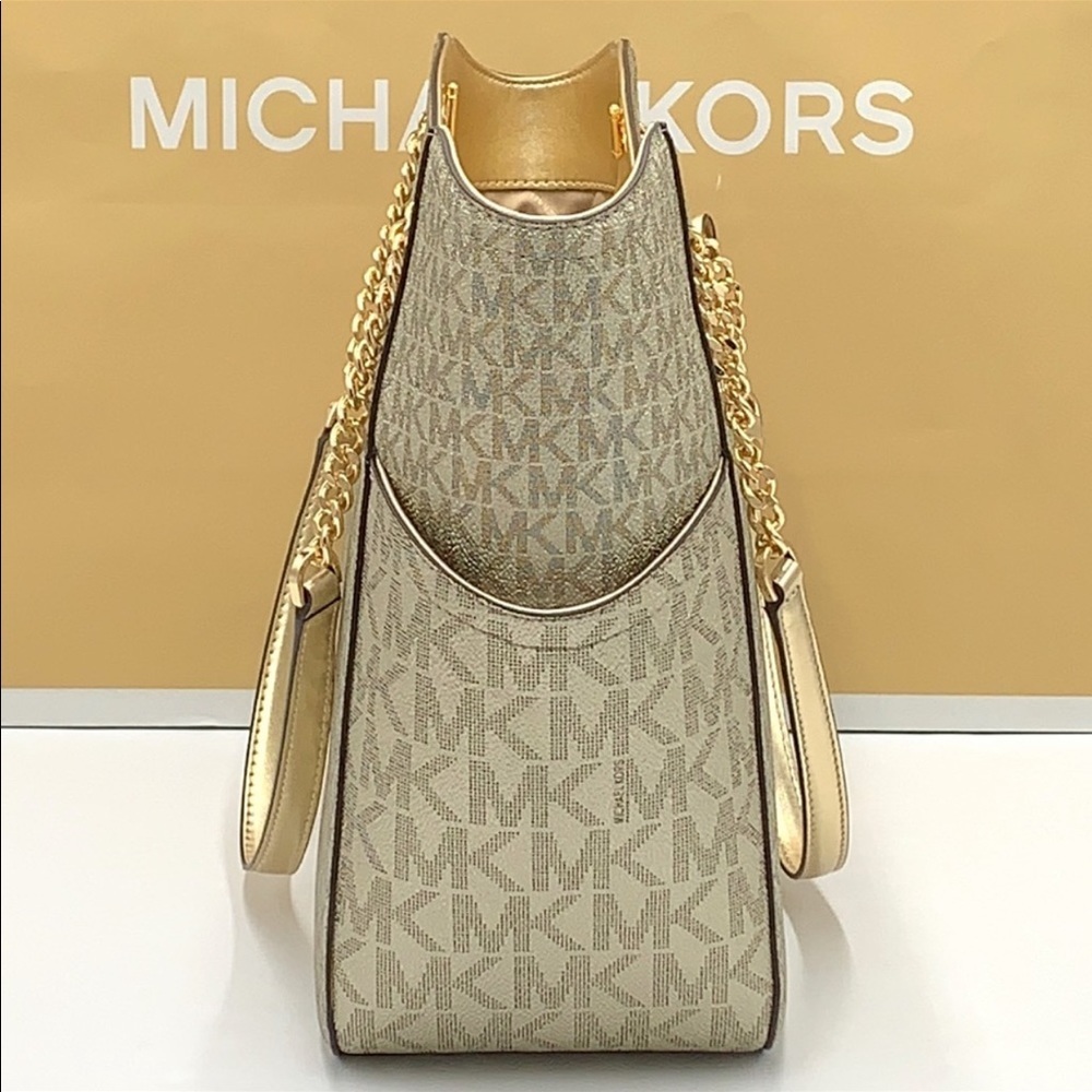 MICHAEL KORS LARGE X CHAIN SHOULDER TOTE BAG PALE GOLD SIGNATURE NWT - Picture 6 of 16